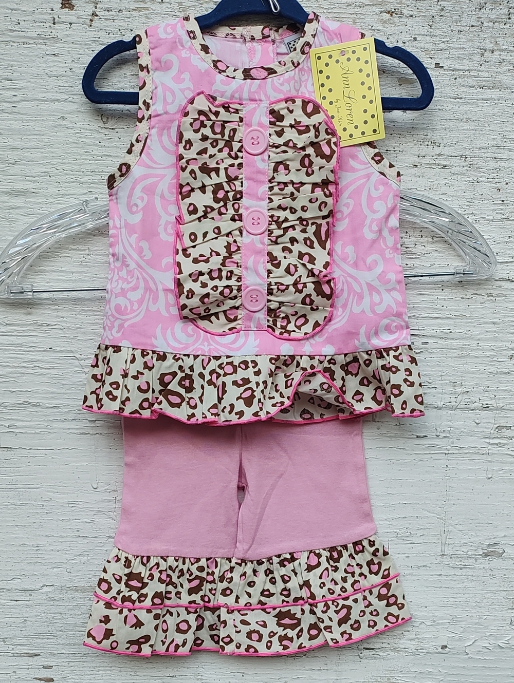 Ann Loren Girls' Pink Top Leggings with Leopard Ruffle-Trim 12-18 Mon